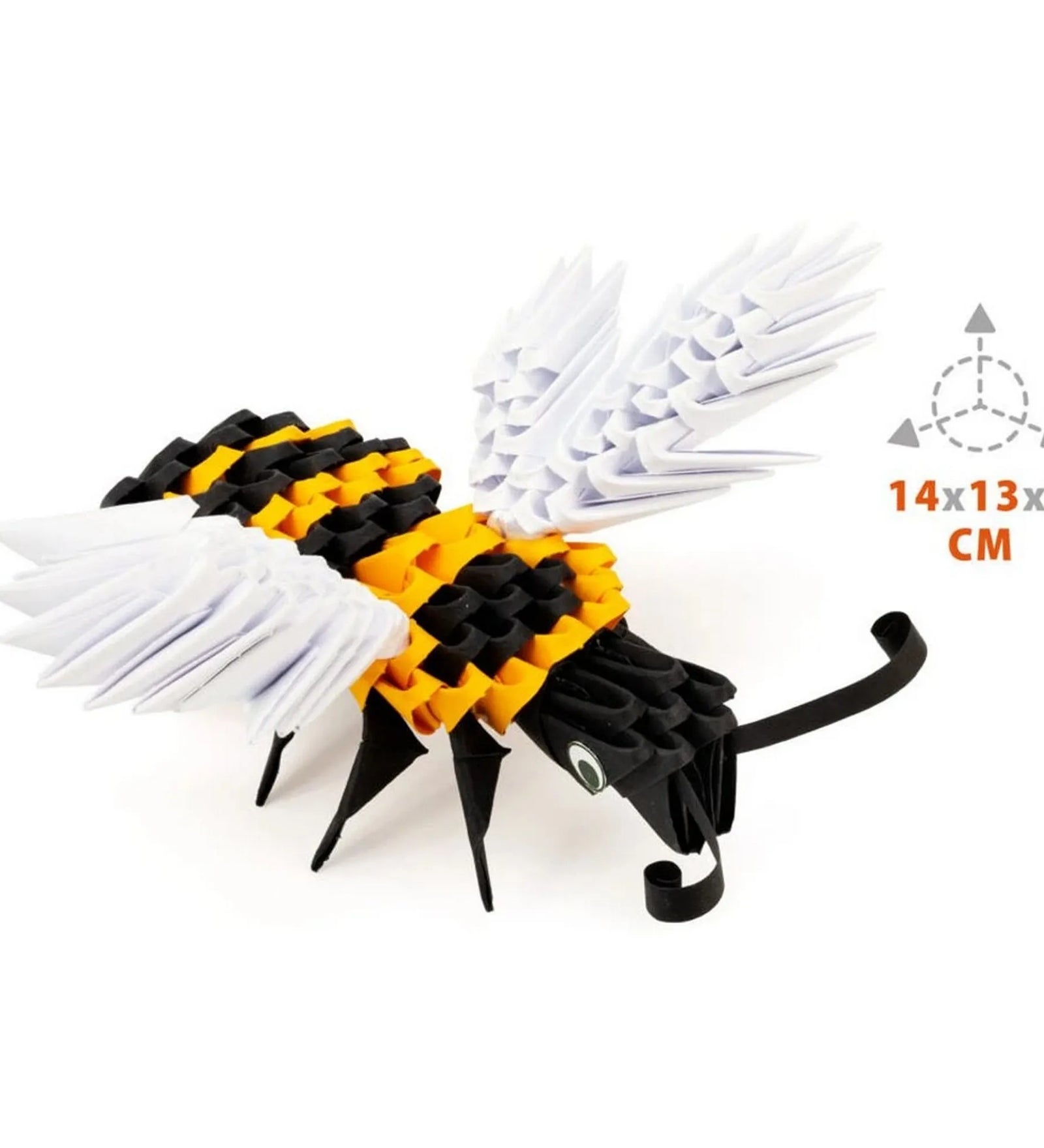 Az elkészült Alexander 3D Origami Méhecske modell közelről, fehér szárnyakkal, sárga-fekete testtel és 14×13×6 cm-es mérettel.