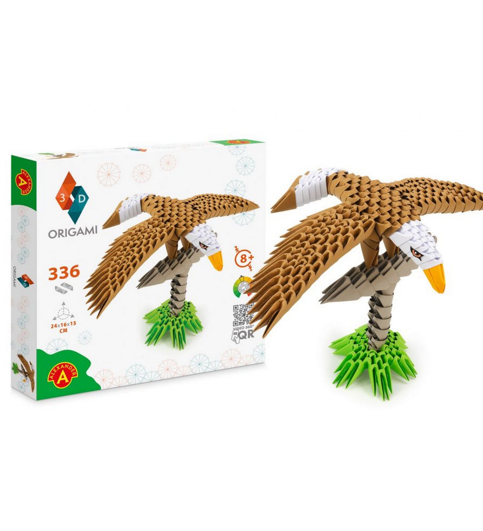 Az Origami 3D Sas készlet kibontott változata: a doboz és a hajtogatott, háromdimenziós sas figura együtt látható. A sas részletgazdag, valósághű formában ábrázolt, zöld talapzattal.