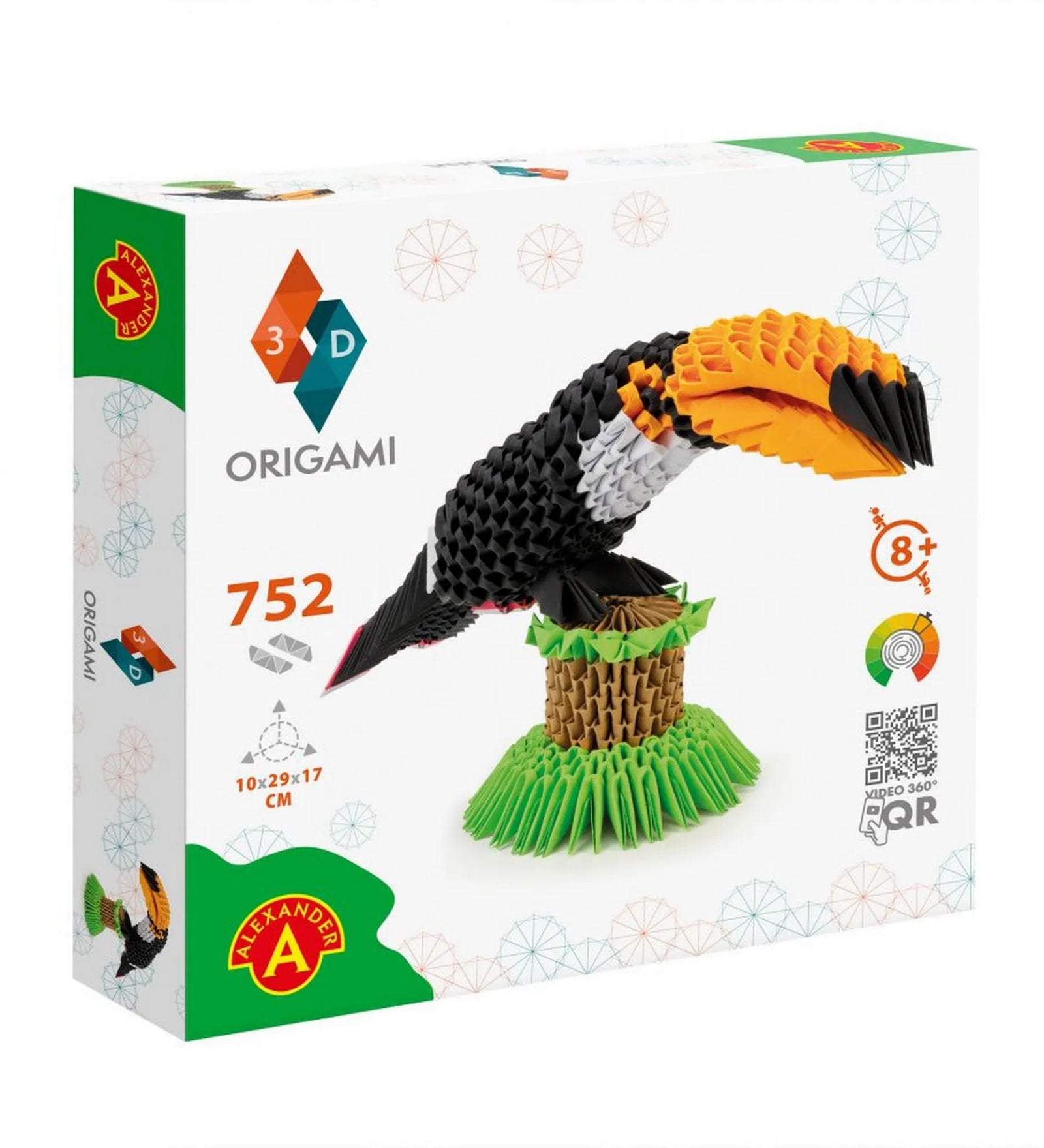 Az Alexander Origami 3D Tukán készlet doboza látható, amely egy 752 darabos papírhajtogatós szettet tartalmaz. A képen a színes, fekete-narancs-fehér tukán figura is látható zöld alapon, a doboz előlapján a „3D Origami” logóval.