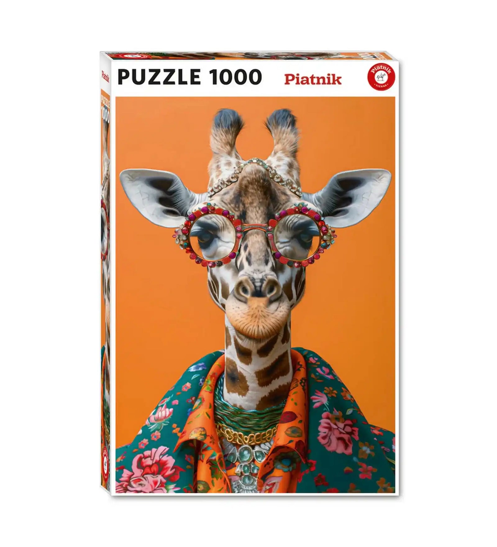 Piatnik Crazy Giraffe 1000 darabos puzzle doboza egy extravagáns zsiráffal, színes díszes szemüveggel és virágmintás ruházattal.
