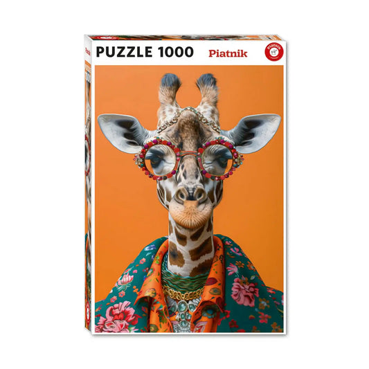 Piatnik Crazy Giraffe 1000 darabos puzzle doboza egy extravagáns zsiráffal, színes díszes szemüveggel és virágmintás ruházattal.
