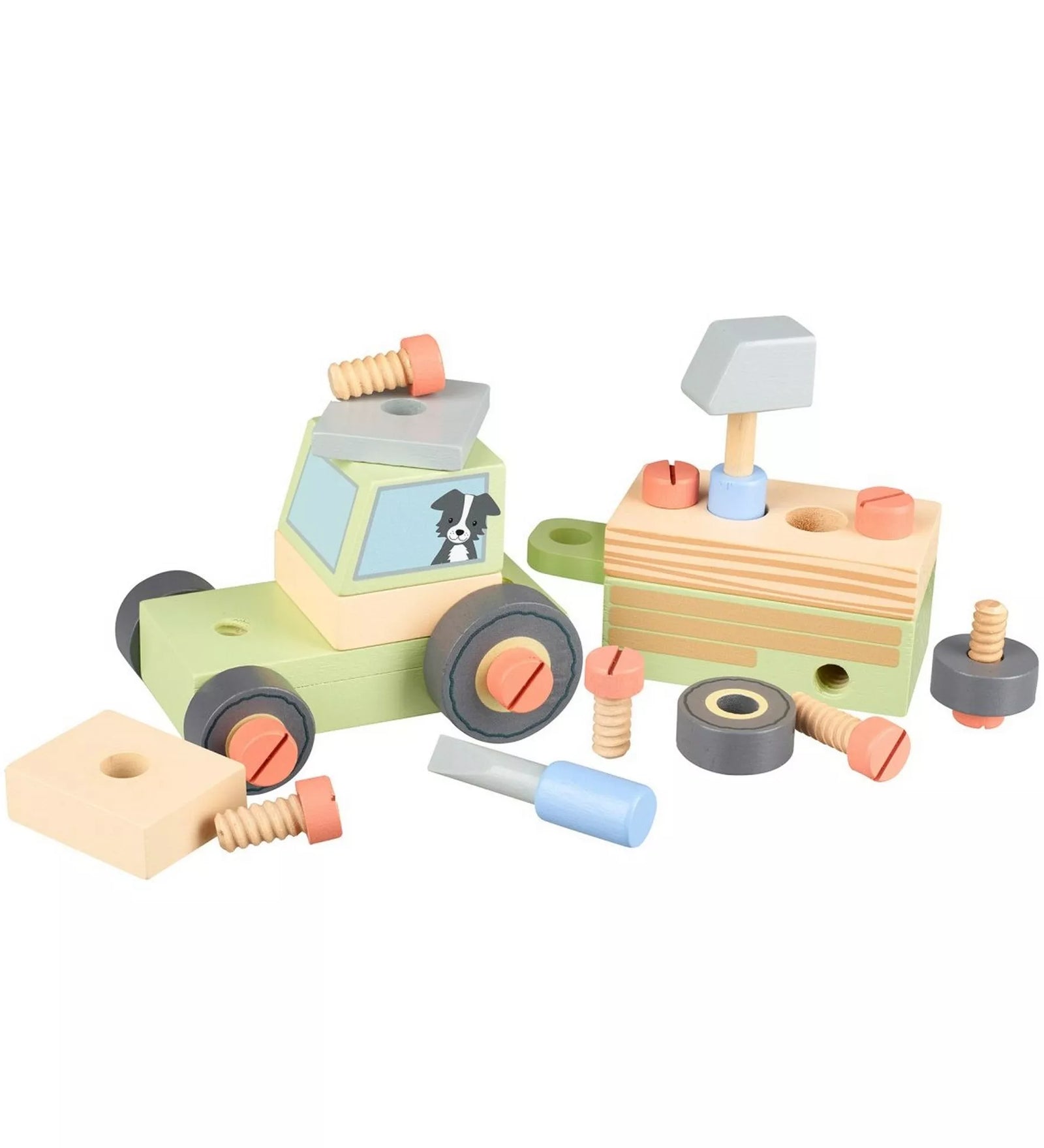 Az Orange Tree Toys összeszerelhető fa traktor szétszerelt állapotban, a mellékelt fa csavarokkal, kerekekkel és építőelemekkel. A kép jól szemlélteti, hogyan lehet a traktor részeit összecsavarozni és újra felépíteni, fejlesztve a kézügyességet és a kreativitást.