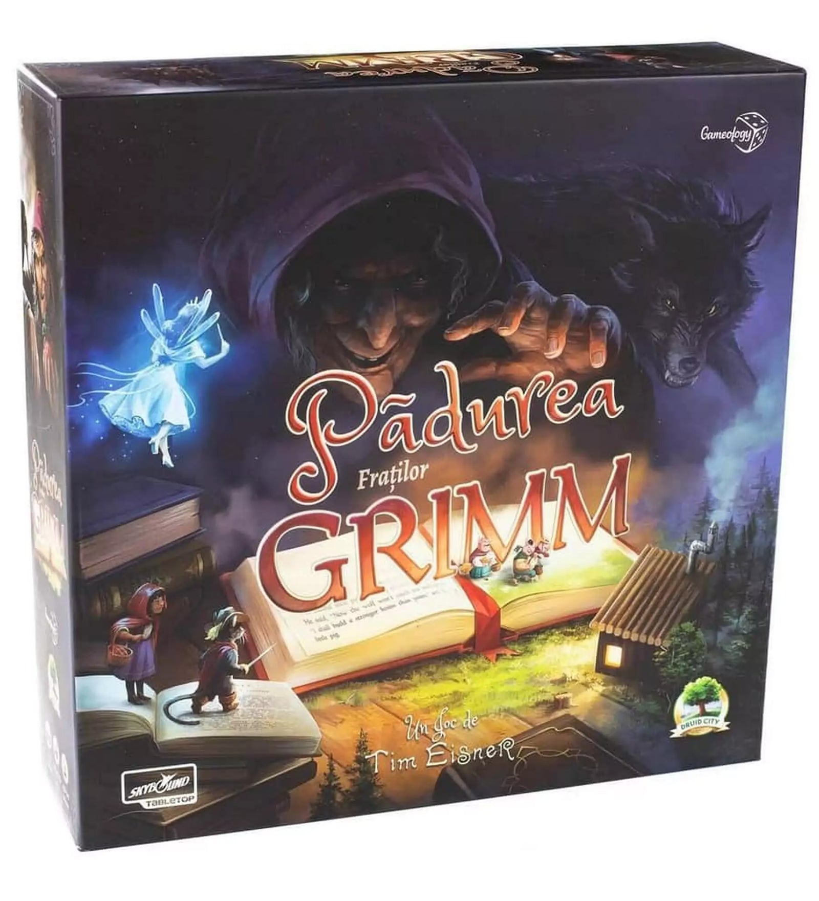A "Pădurea Fraților Grimm" társasjáték lenyűgöző borítója, amely a Grimm-mesék varázslatos világába repít.