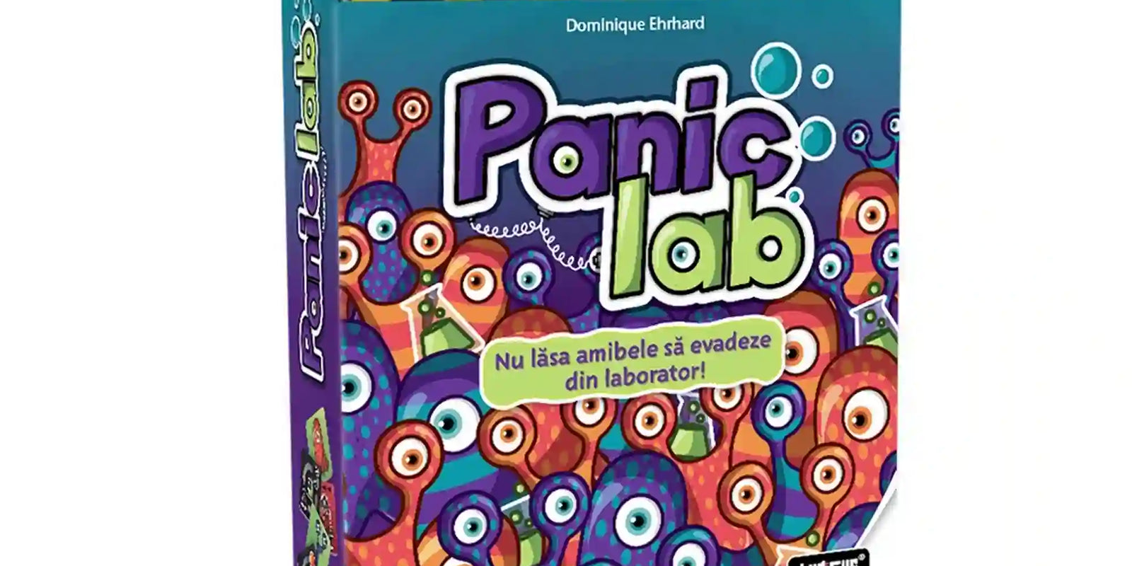 A Panic Lab román nyelvű társasjáték színes dobozának eleje, rajta sok különböző formájú és mintázatú rajzolt amőbával