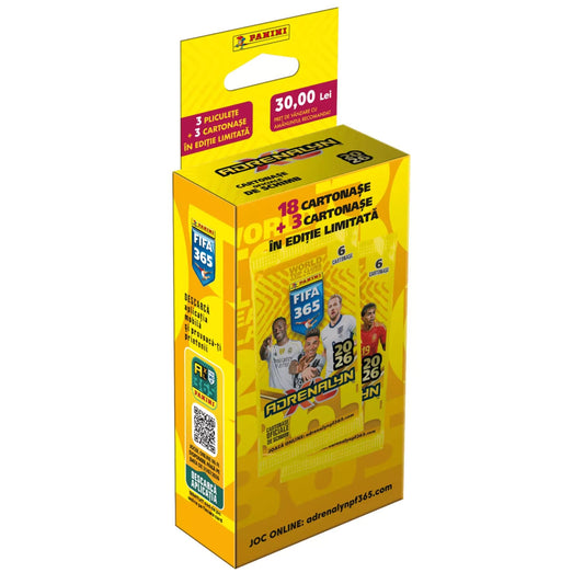 Panini FIFA 365 Adrenalyn XL 2026 Ecoblister kártyacsomag sárga dobozban, 3 csomaggal és 3 exkluzív Limited Edition kártyával, futballsztárokkal a borítón.