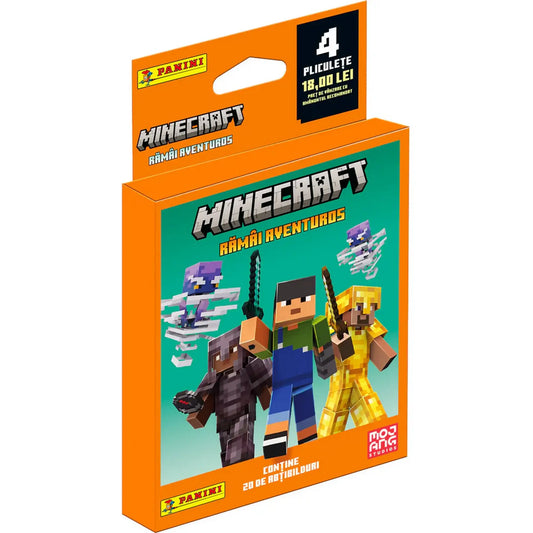 Panini Minecraft Rămâi Aventuros matricagyűjtő ecoblister 4 csomaggal, Steve és karakterek grafikájával a csomagoláson