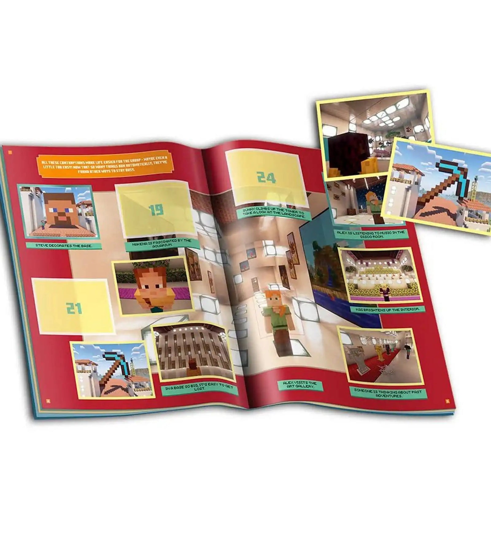 Panini Minecraft matricás album színes belső oldala jelenetekkel, matricahelyekkel és Minecraft képekkel.