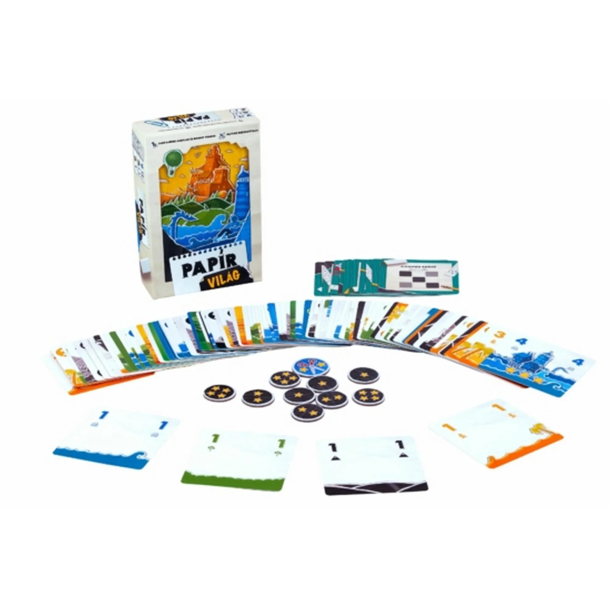 A Papírvilág társasjáték doboza a kiterített, színes játékkártyákkal és jutalomkorongokkal körülötte.