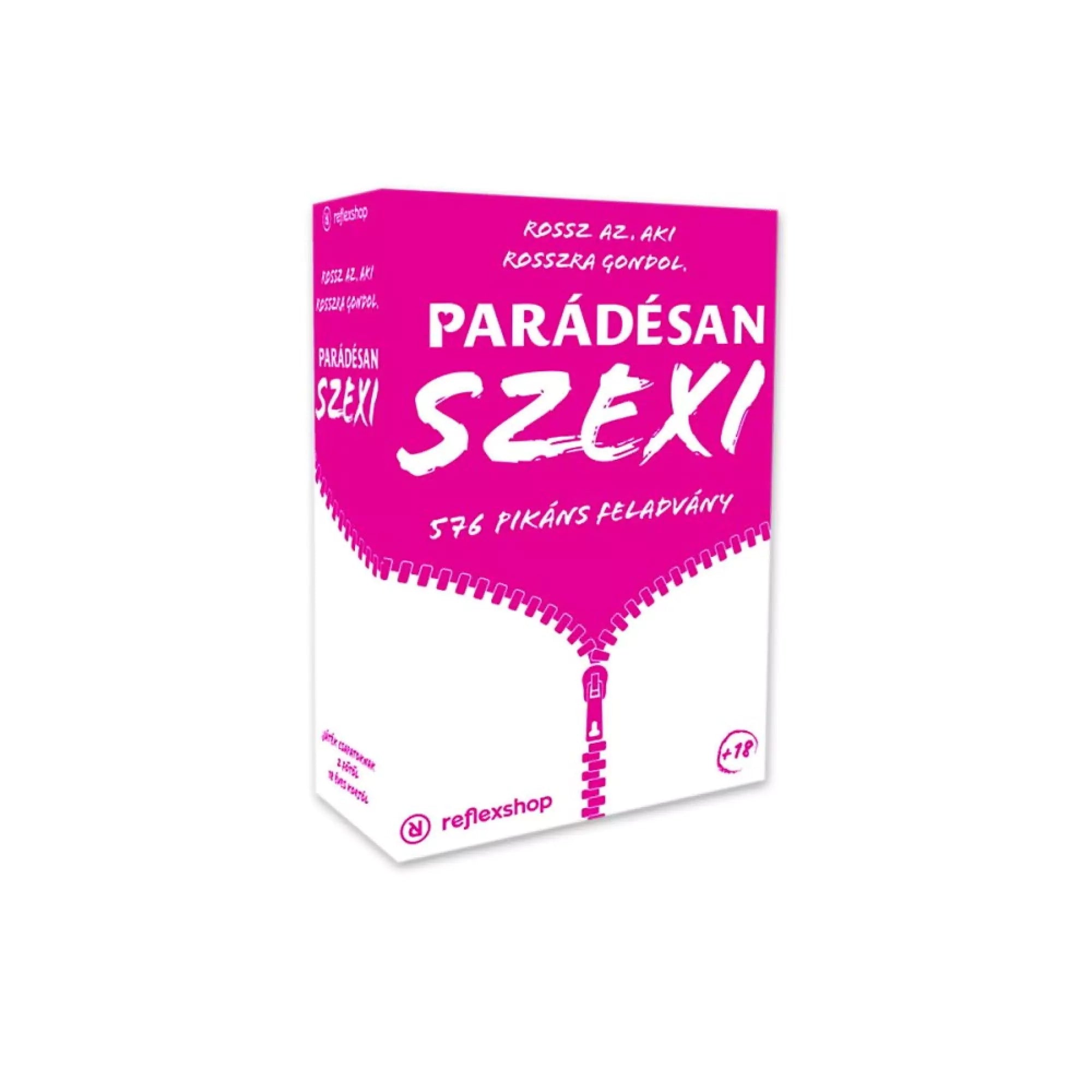 A Parádésan Szexi partyjáték doboza rózsaszín dizájnnal, amely 576 pikáns feladványt tartalmaz, ideális partikra és lánybúcsúkra.