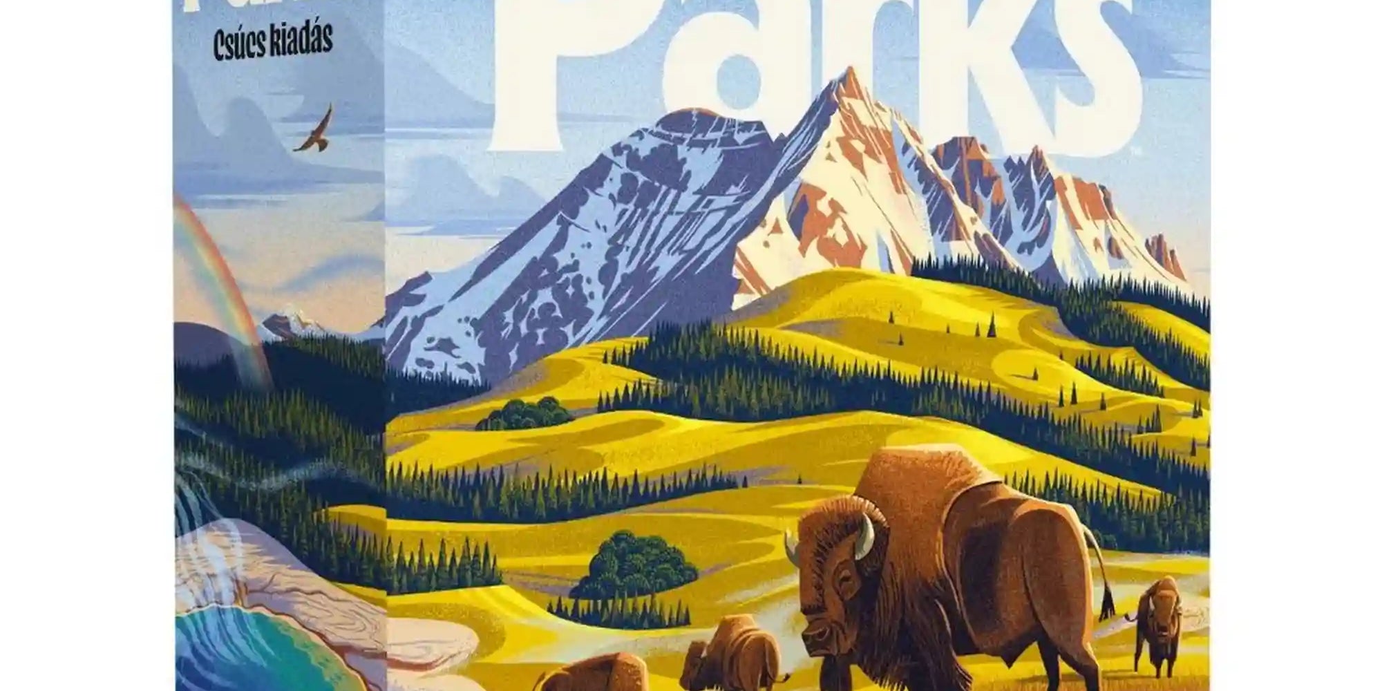 Parks Csúcs kiadás társasjáték doboz 3D nézetben, hegyvidéki illusztrációval, bölényekkel és prémium kivitelben