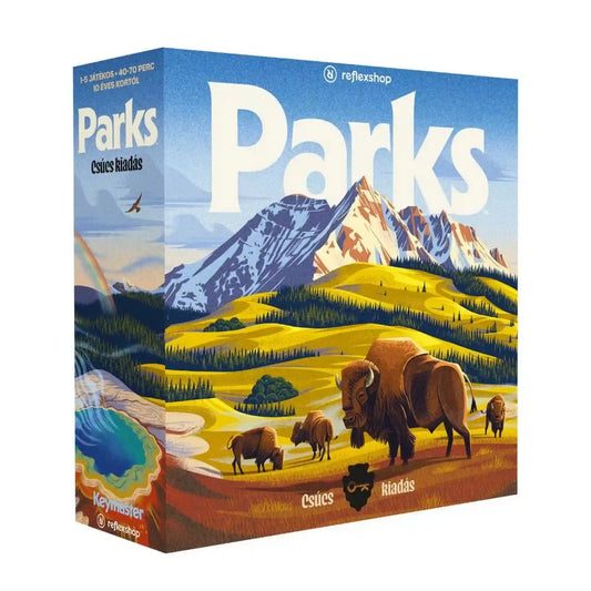 Parks Csúcs kiadás társasjáték doboz 3D nézetben, hegyvidéki illusztrációval, bölényekkel és prémium kivitelben