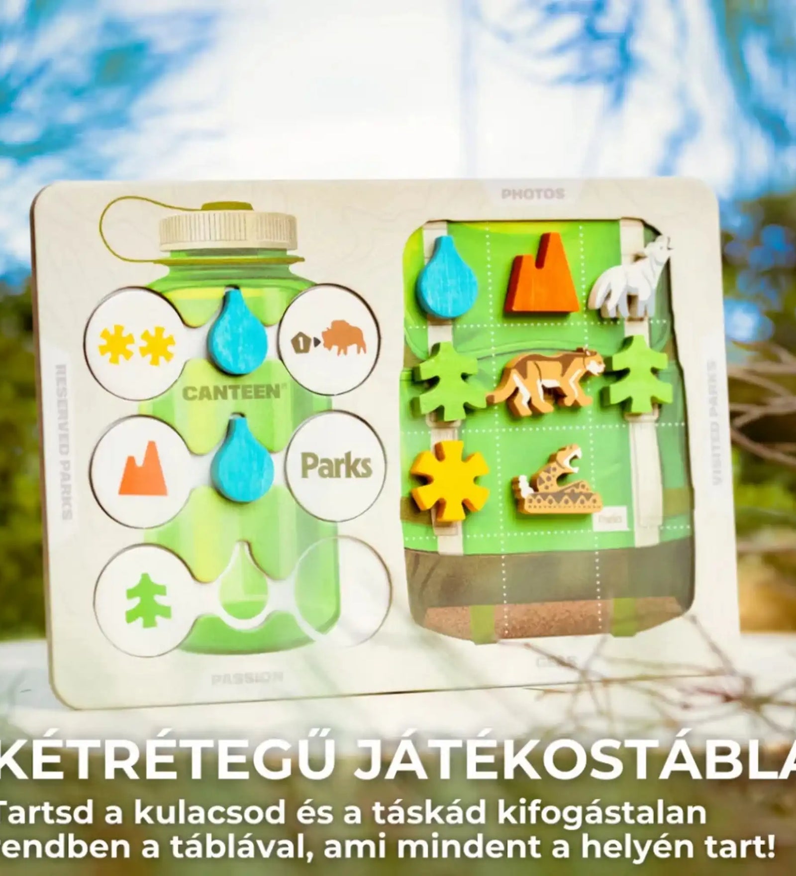 Parks társasjáték kétrétegű játékostábla közelről, kulacs mechanikával, erőforrás ikonokkal és fa jelölőkkel