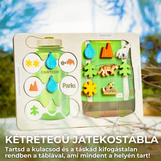 Parks társasjáték kétrétegű játékostábla közelről, kulacs mechanikával, erőforrás ikonokkal és fa jelölőkkel