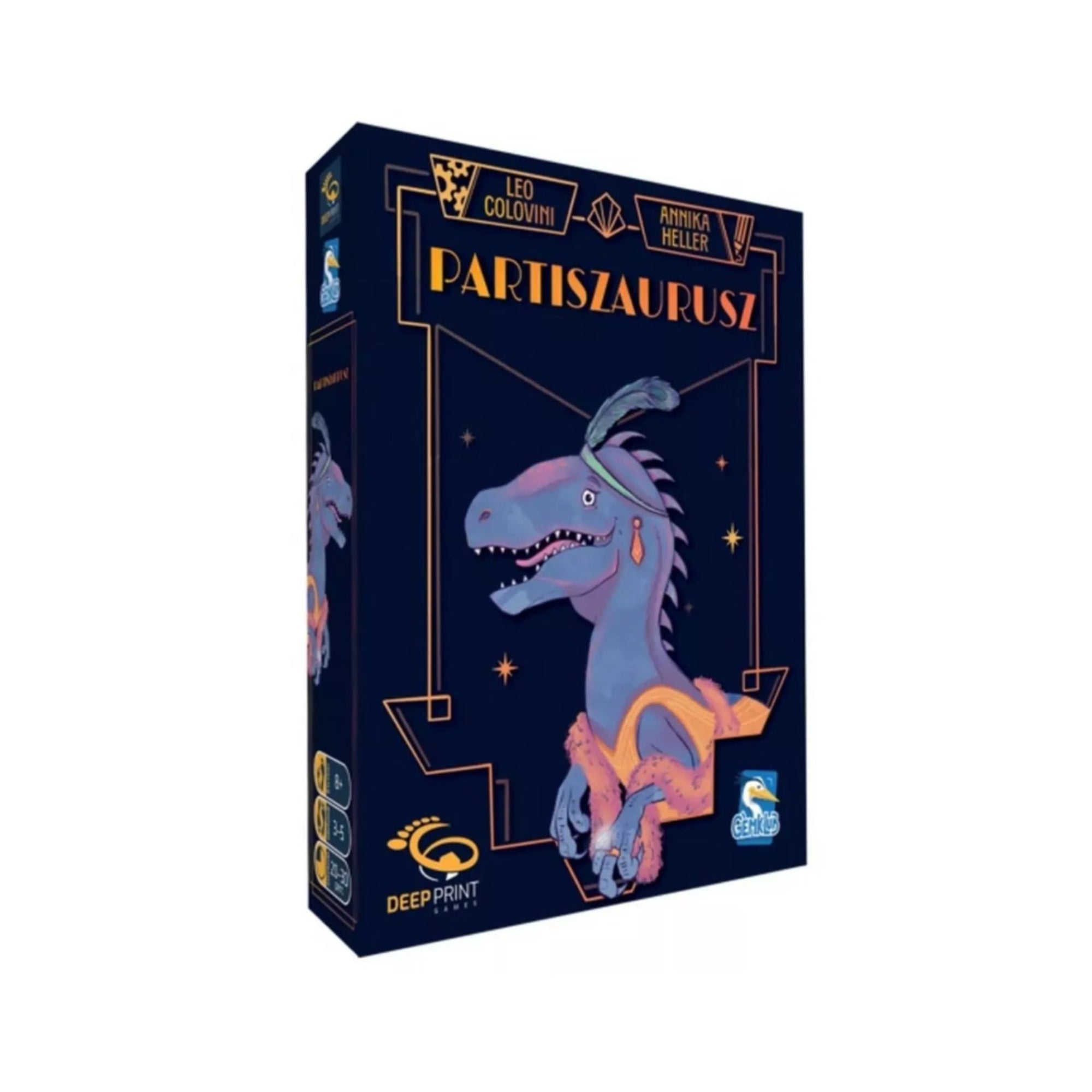  A Partiszaurusz társasjáték sötétkék doboza vidám, bulizó dinoszaurusz illusztrációval az elején.