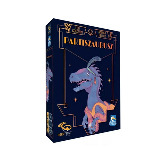  A Partiszaurusz társasjáték sötétkék doboza vidám, bulizó dinoszaurusz illusztrációval az elején.