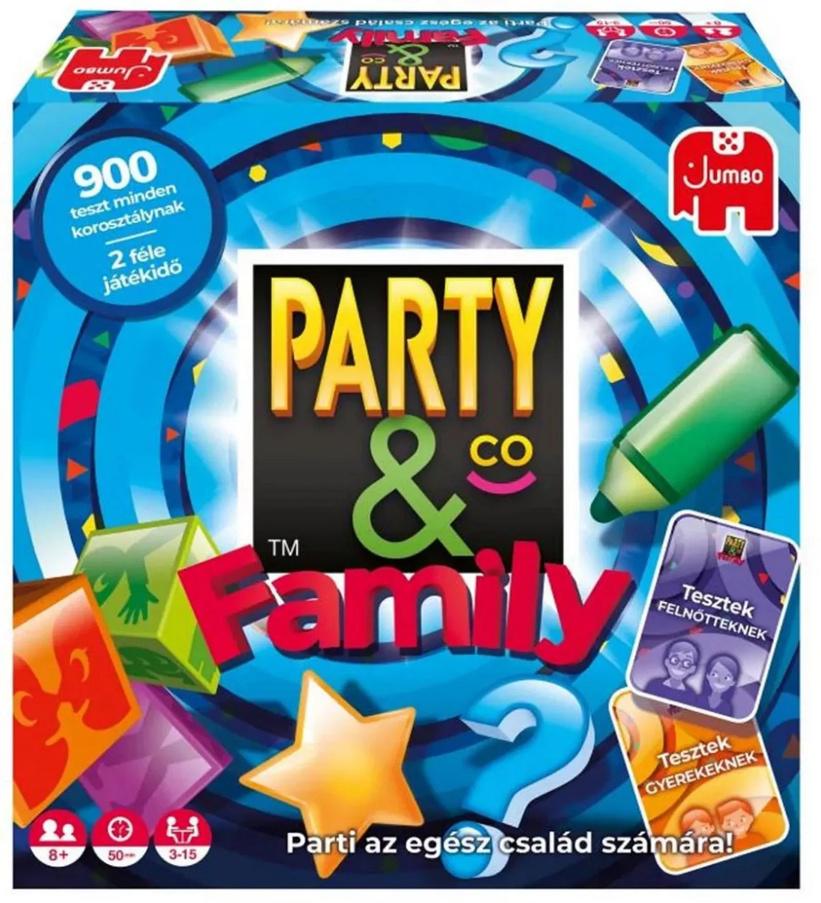 Party & Co Family társasjáték dobozának előlapja, színes grafikával, családi és gyerek feladatkártyákat jelző ikonokkal.