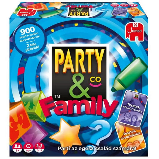 Party & Co Family társasjáték dobozának előlapja, színes grafikával, családi és gyerek feladatkártyákat jelző ikonokkal.