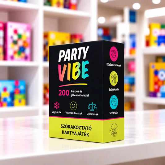 Party Vibe szórakoztató kártyajáték fekete, neon színű grafikákkal díszített doboza fehér asztalon, a háttérben elmosódott, színes játékbolti polcokkal.