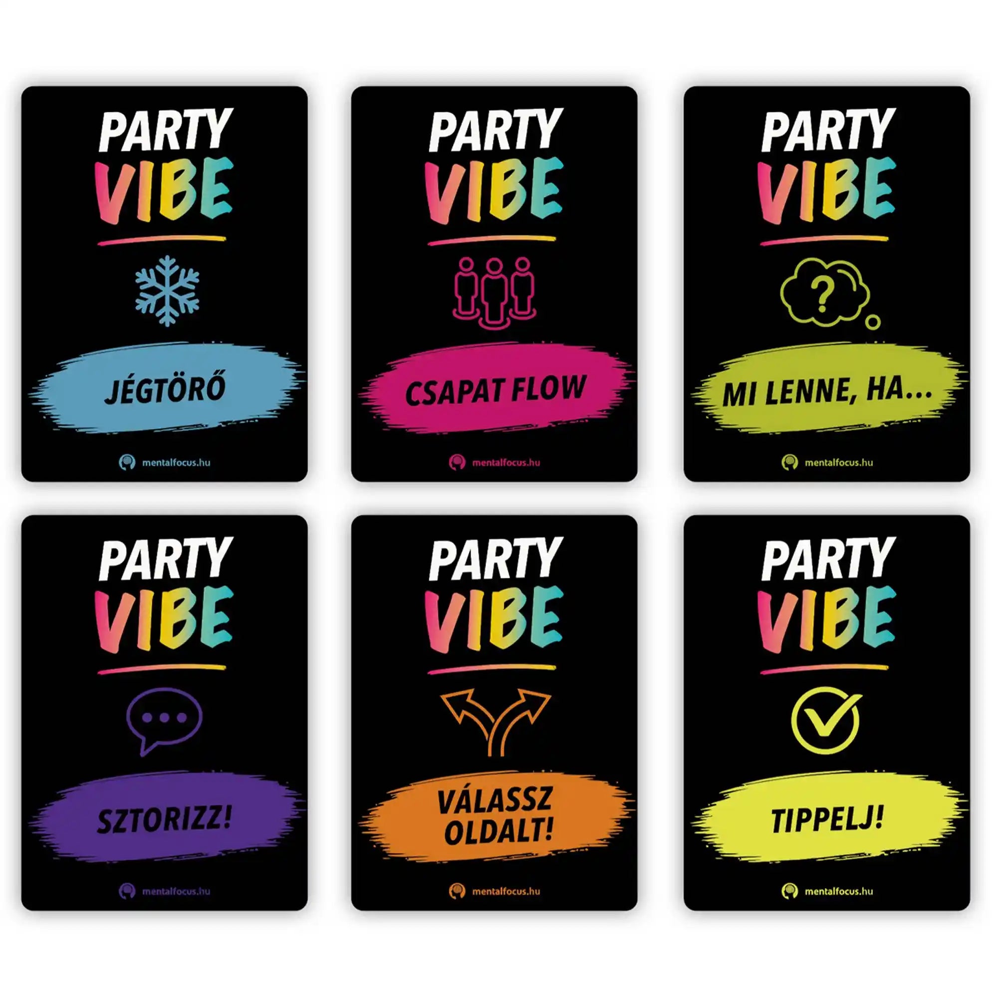 A Party Vibe játék hat színes kártyakategóriája