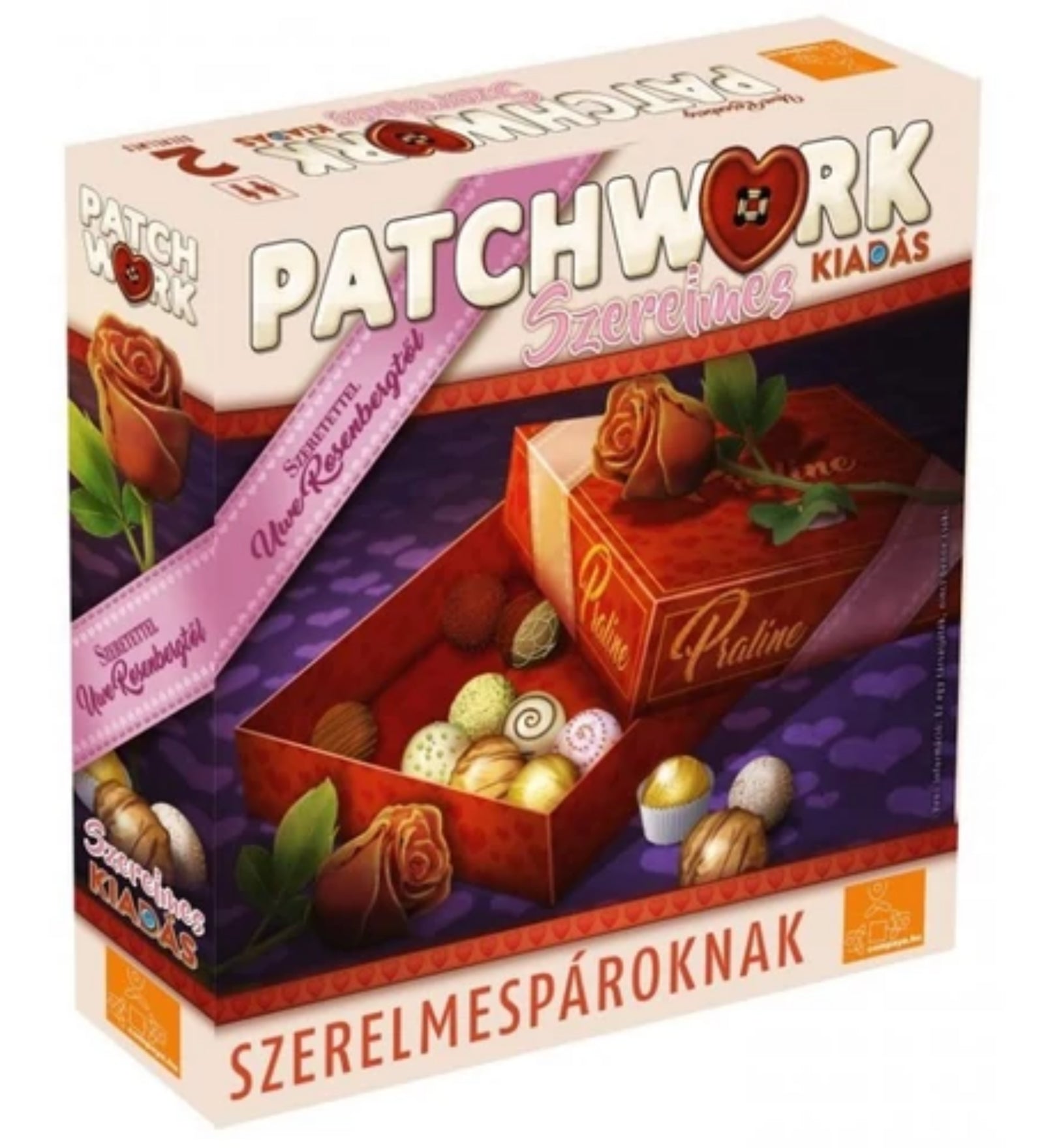 Patchwork Szerelmes Kiadás társasjáték doboza, romantikus pralinés doboz és rózsák grafikával, pároknak szóló kiadás.