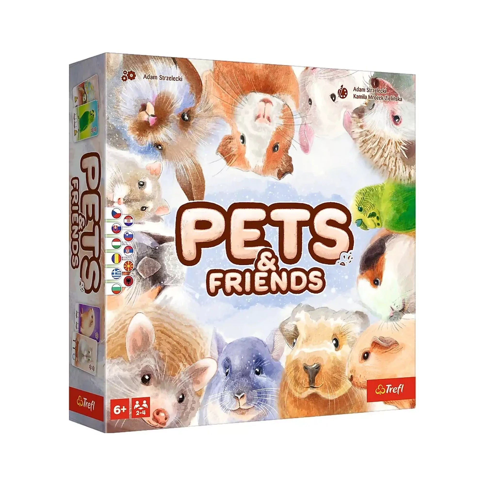 Pets & Friends társasjáték doboza aranyos kisállatokkal, többnyelvű változat jelzéseivel a bal oldalon.