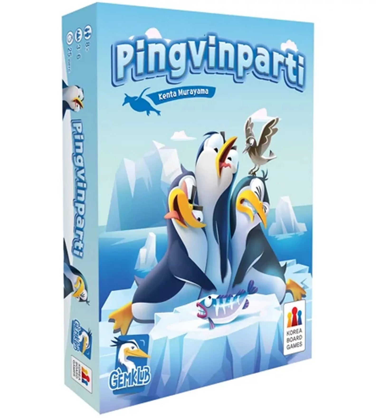 Pingvinparti társasjáték doboza, vidám rajzzal három pingvinről és egy sirályról a jégtáblák között, a GÉMKlub és Korea Board Games logókkal.

2. kép: