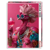 Piatnik Pink Birdie 1000 darabos puzzle dobozképe, extravagáns rózsaszín madárral, csillogó napszemüvegben, gyöngyékszerekkel és elegáns kiegészítőkkel, élénk pink háttér előtt.