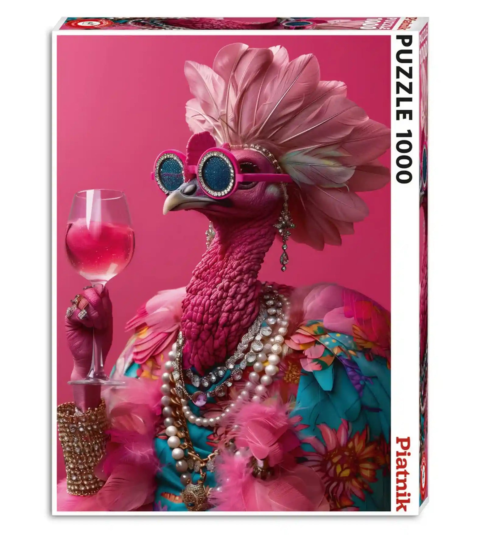 Piatnik Pink Birdie 1000 darabos puzzle dobozképe, extravagáns rózsaszín madárral, csillogó napszemüvegben, gyöngyékszerekkel és elegáns kiegészítőkkel, élénk pink háttér előtt.
