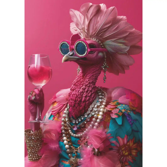 A Piatnik Pink Birdie 1000 darabos puzzle kirakott képe, divatos rózsaszín madárral, díszes tollkoronával, gyöngysorokkal, csillogó karkötővel és koktélospohárral, glamour stílusú kompozícióban.