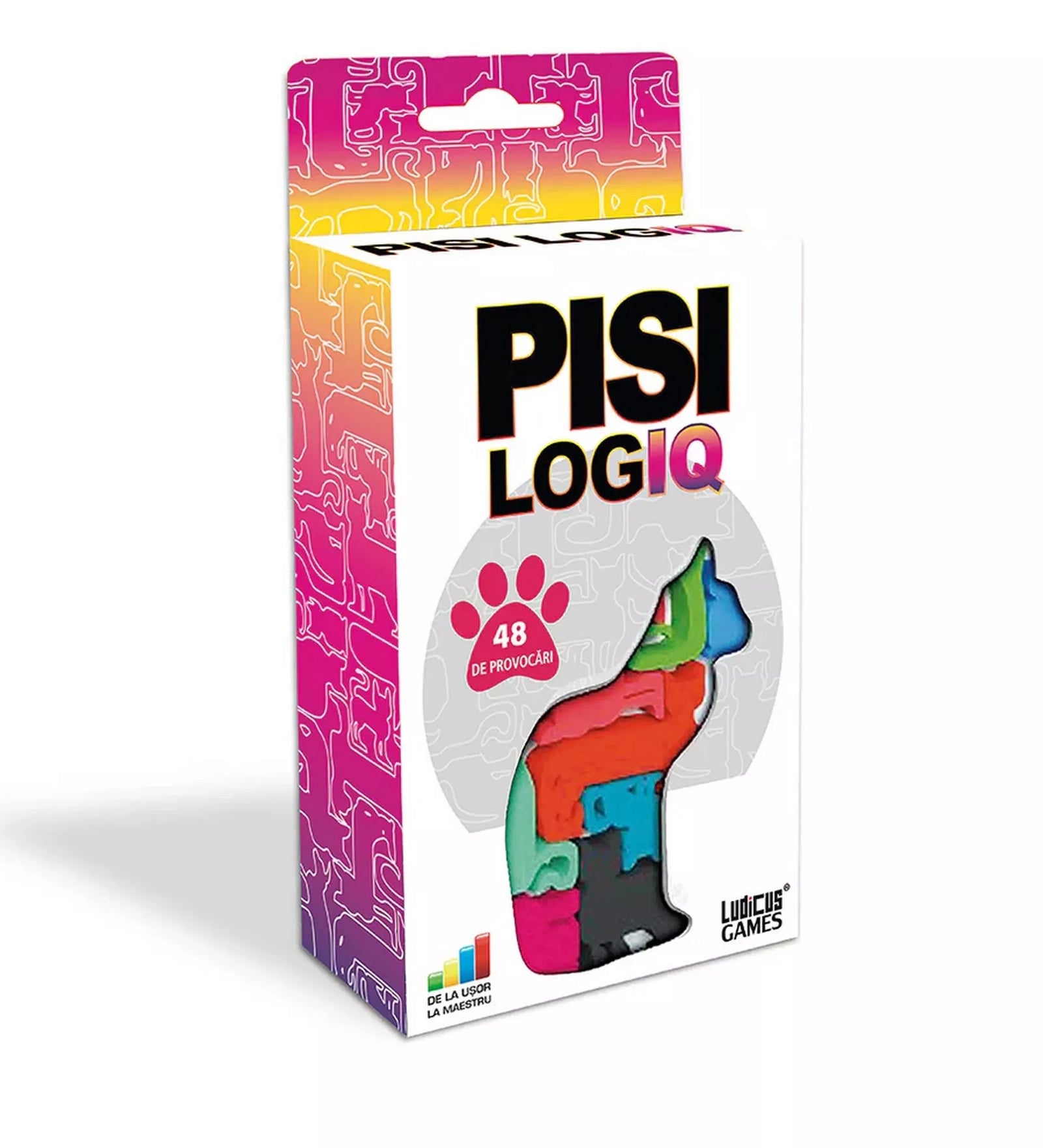 „A Pisi Logiq logikai játék doboza, színes macska alakú puzzle-elemekkel és 48 kihívást jelző ikonnal.”
