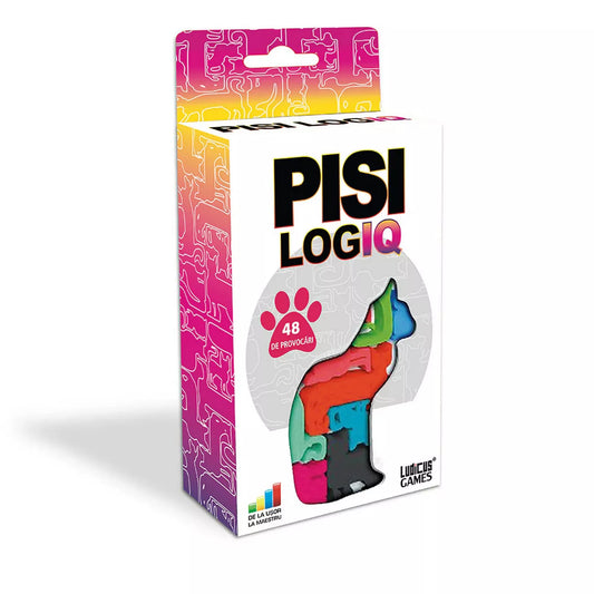 „A Pisi Logiq logikai játék doboza, színes macska alakú puzzle-elemekkel és 48 kihívást jelző ikonnal.”