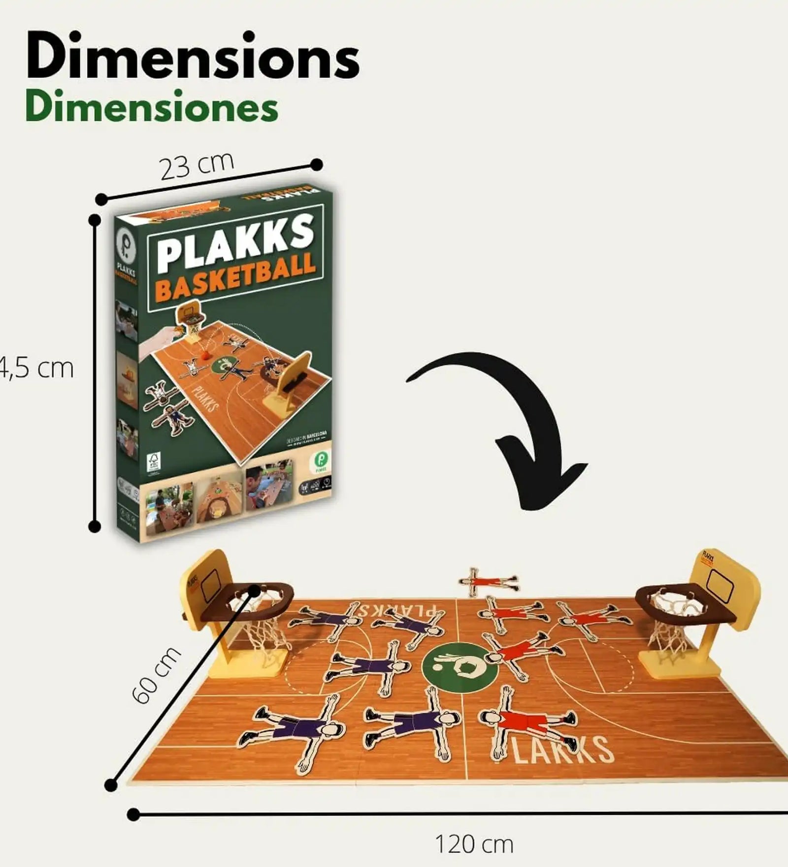 Plakks Basketball méretbemutató ábrája a kihajtott pályával és a játék méreteivel.