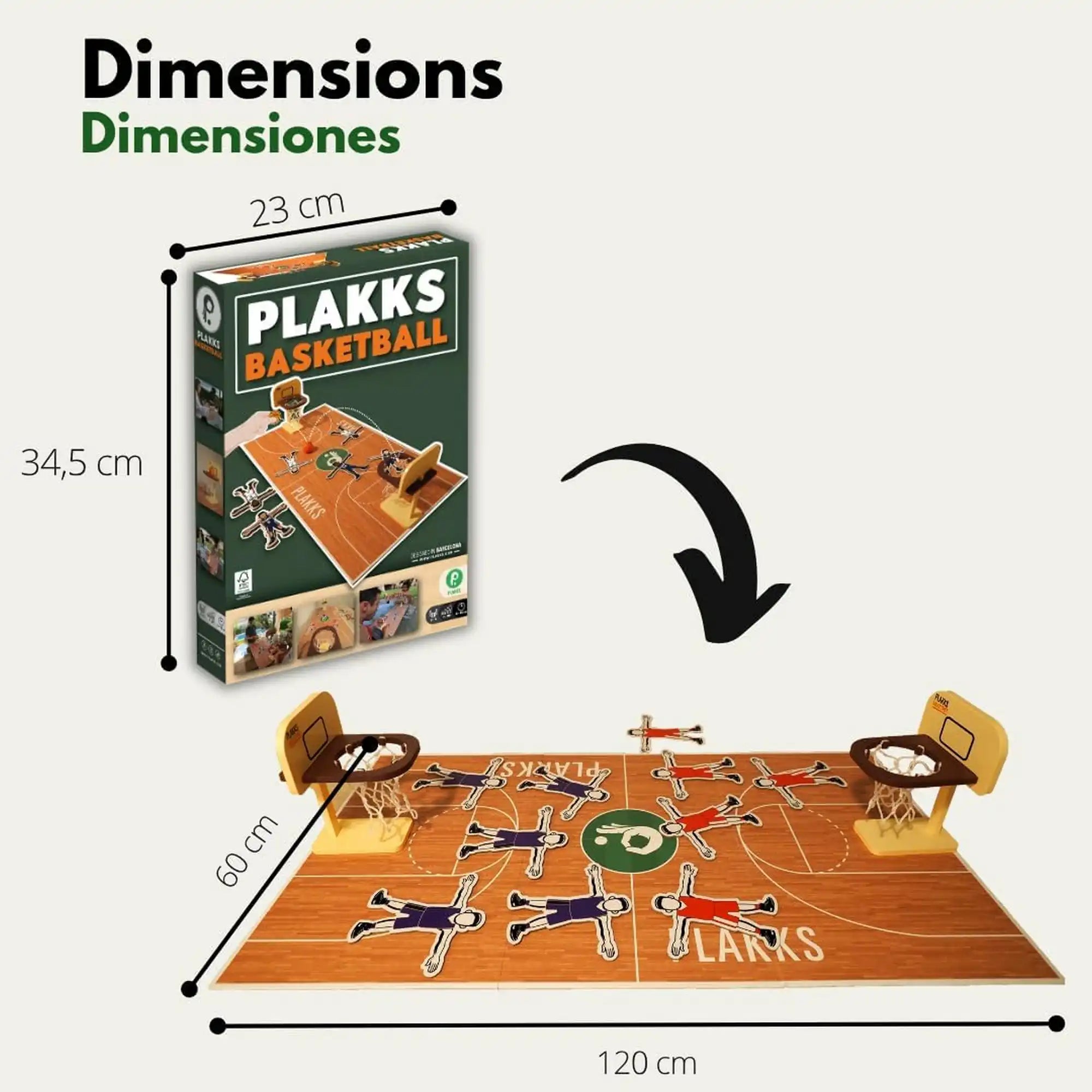 Plakks Basketball méretbemutató ábrája a kihajtott pályával és a játék méreteivel.