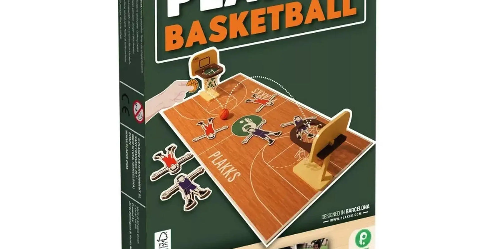 Plakks Basketball asztali kosárlabda ügyességi játék doboza enyhén oldalnézetből, fehér háttéren.