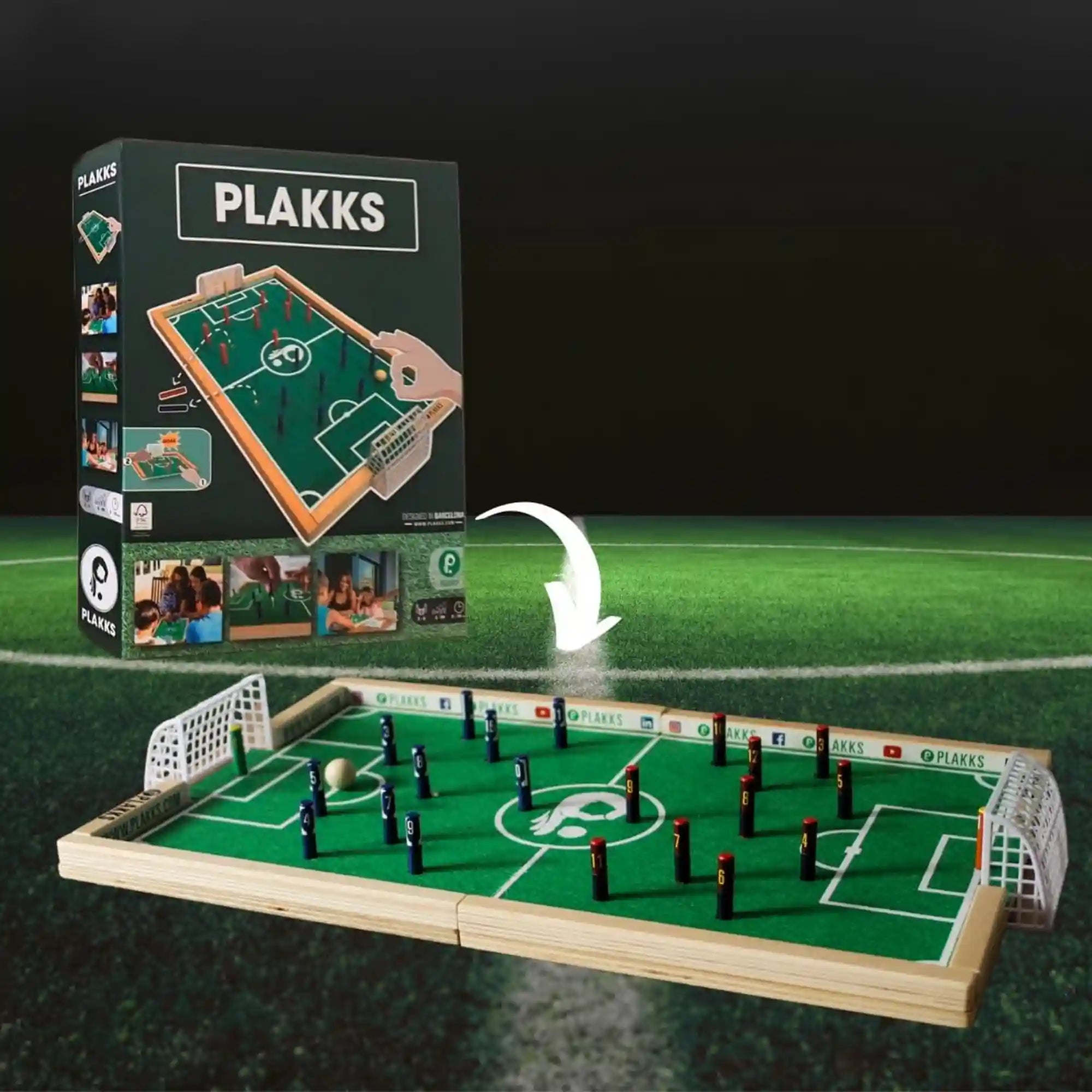 Összeszerelt Plakks Football asztali focipálya játék közben.