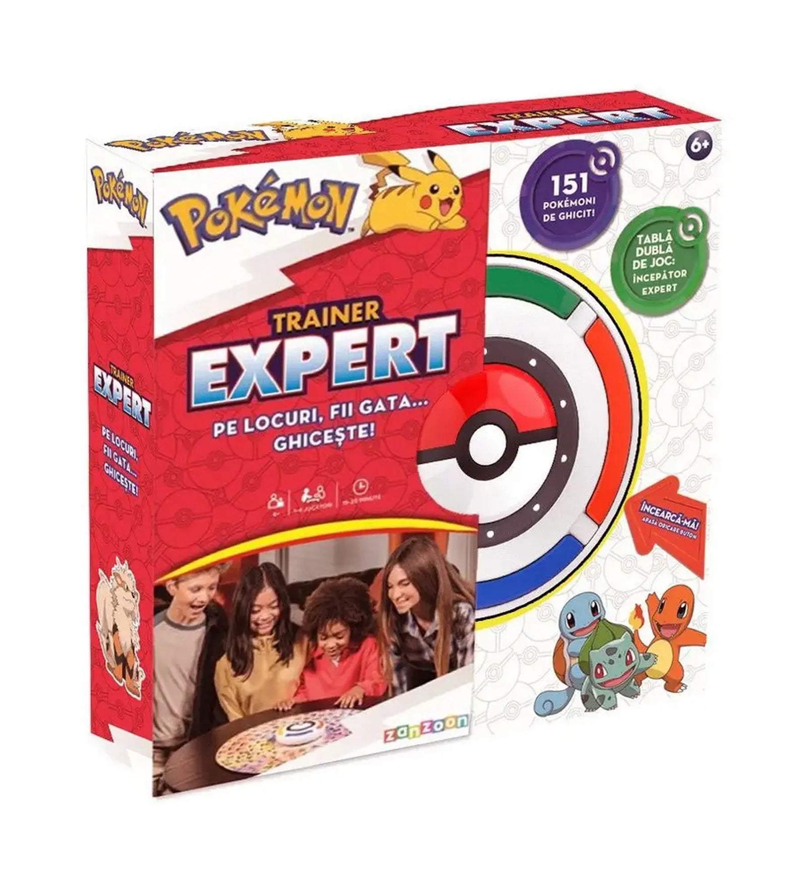 Pokémon Trainer Expert román nyelvű társasjáték doboza, Pikachu grafikával, elektronikus játékelemmel, 151 Pokémonos kvízjátékkal, 6 éves kortól.