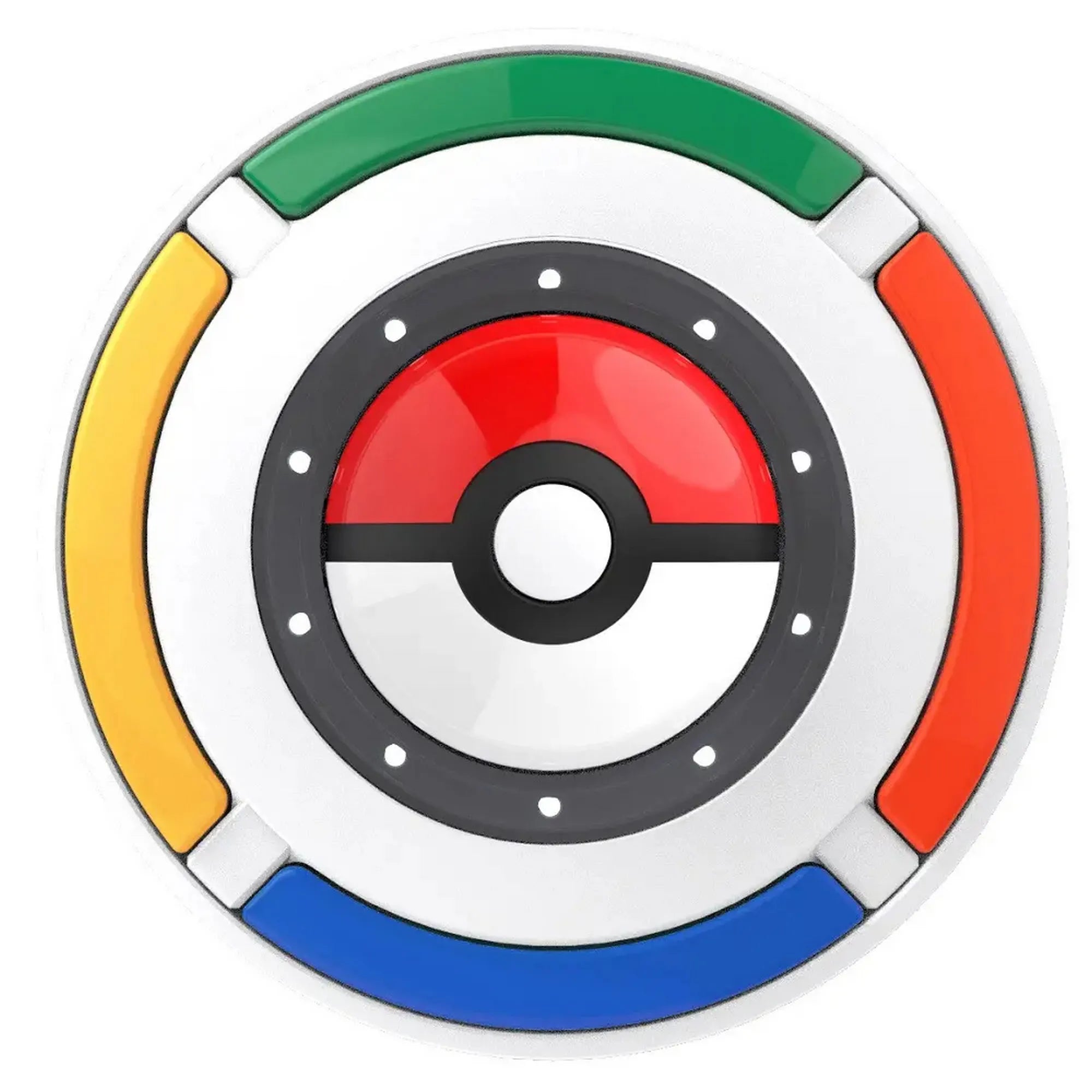 Pokémon Trainer Expert társasjáték kör alakú elektronikus játékelem felülnézetből, színes szegmensekkel és Poké Ball mintával fehér háttéren.