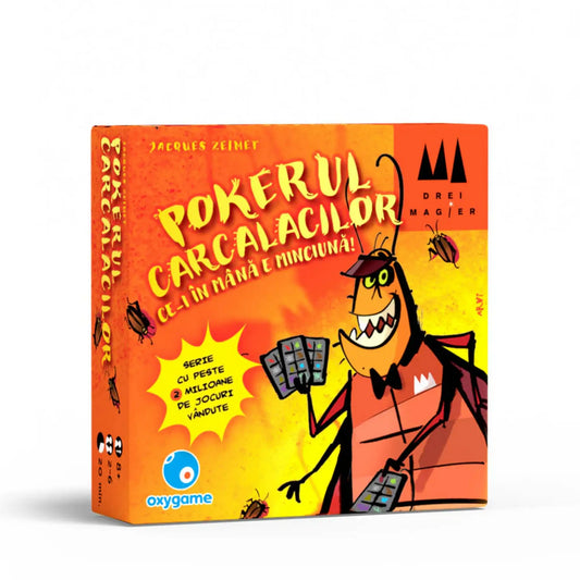 Pokerul Carcalacilor román nyelvű társasjáték doboza humoros csótányfigurával és élénk narancssárga dizájnnal.