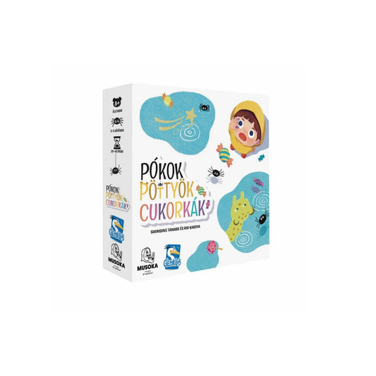 Pókok, pöttyök, cukorkák magyar nyelvű társasjáték doboza.
