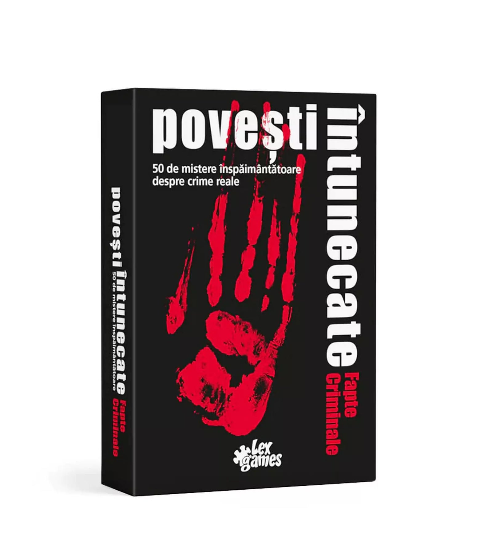 „Povești Întunecate: Fapte Criminale társasjáték doboza, fekete alapon piros véres kézlenyomattal, amely 50 valós bűnügyi rejtélyt tartalmaz.”