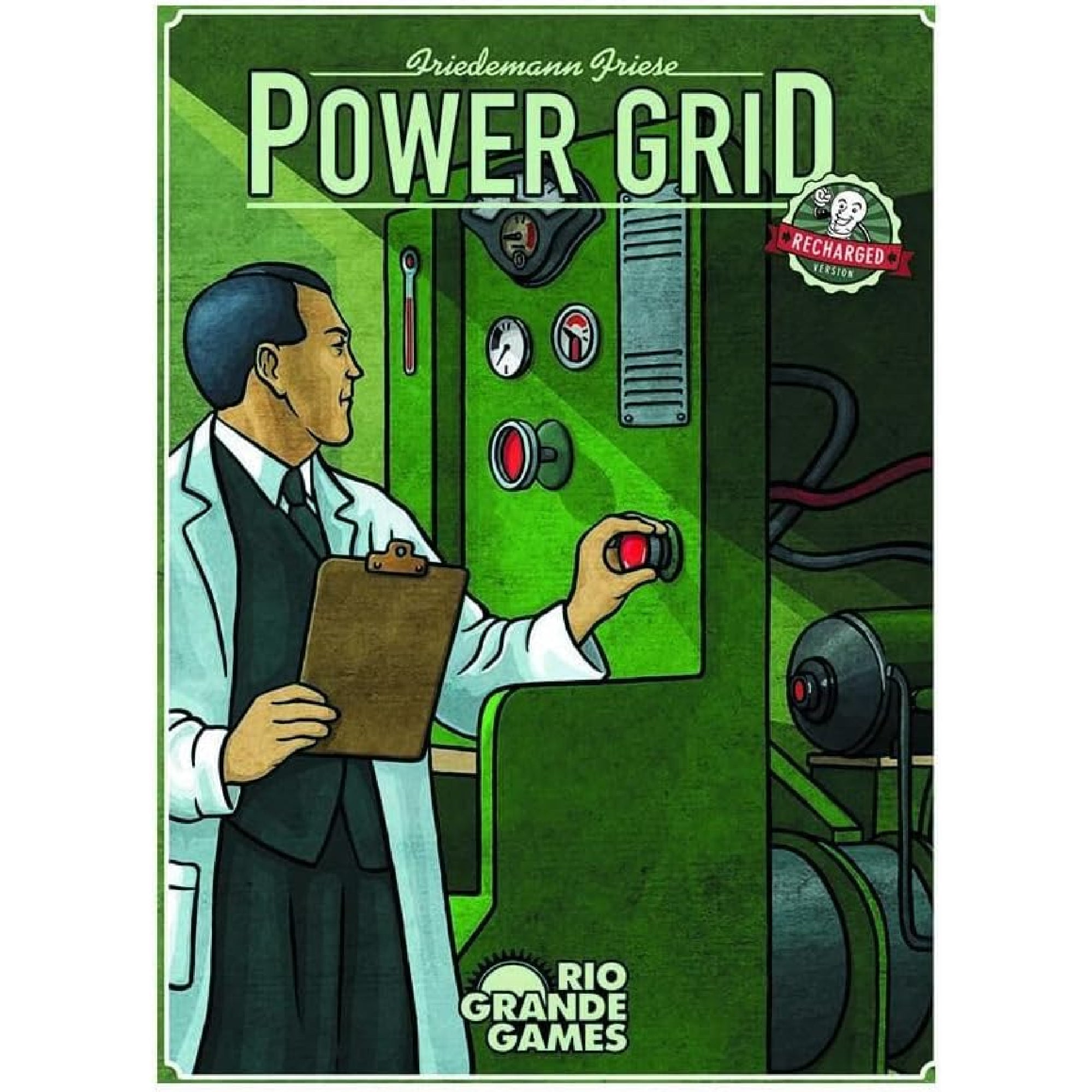 A kép a Power Grid (Funkenschlag) stratégiai társasjáték dobozának elejét mutatja, amelyen egy tudós egy kapcsolót nyom meg egy vezérlőpanelen.