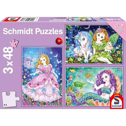 Puzzle Schmidt: Hercegnő, tünér és szirén, 3 x 48 darab+ Ajánék poszter