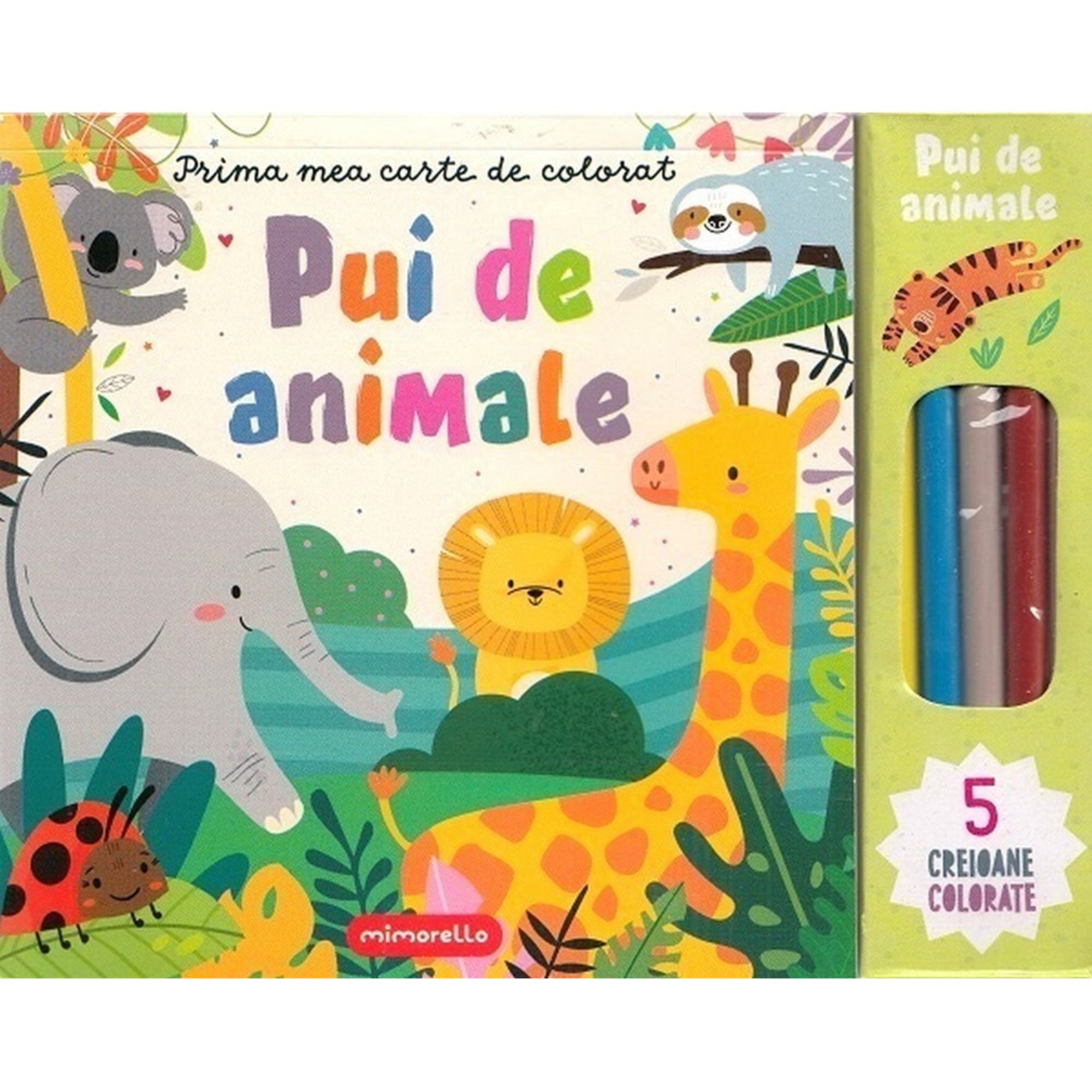 „A Pui de animale színezőkönyv borítója, rajta vidám állatkölykökkel – elefánttal, oroszlánnal, zsiráffal, koalával és lajhárral –, valamint az oldalán látható 5 darab színes ceruzával.”
