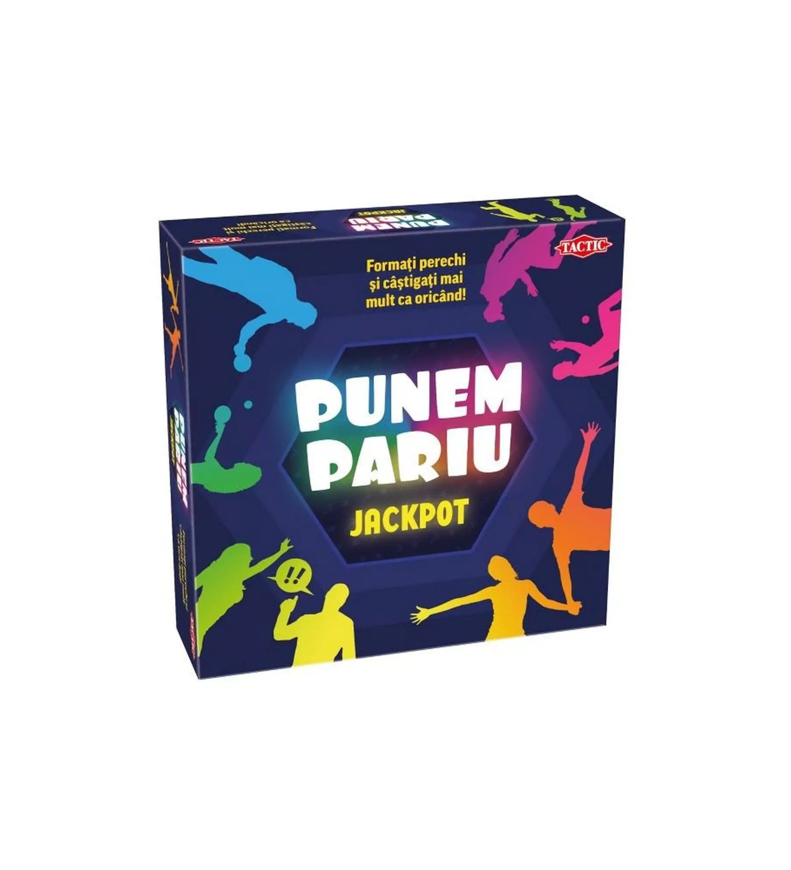 A Punem Pariu Jackpot társasjáték doboza, színes és izgalmas dizájnnal, amely tökéletes választás a szórakoztató társas estékhez.