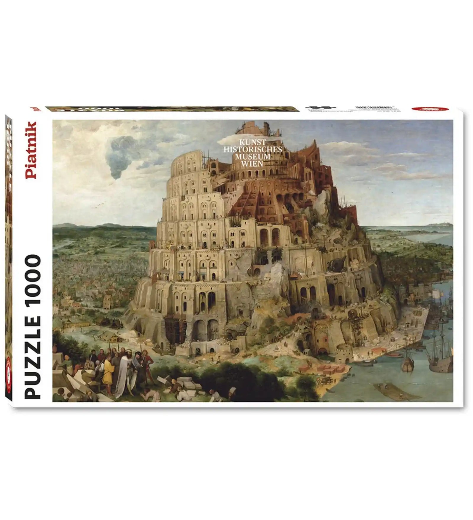 Piatnik The Tower of Babel – Pieter Bruegel the Elder 1000 darabos puzzle dobozképe, amely a híres Bábel tornya festményt ábrázolja gazdag történelmi részletekkel.