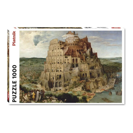 Piatnik The Tower of Babel – Pieter Bruegel the Elder 1000 darabos puzzle dobozképe, amely a híres Bábel tornya festményt ábrázolja gazdag történelmi részletekkel.