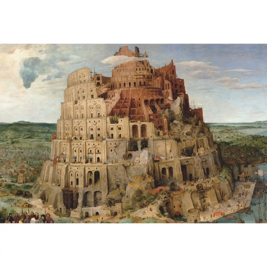 Pieter Bruegel the Elder The Tower of Babel festményének részletgazdag reprodukciója, monumentális toronnyal, építkezési jelenetekkel és reneszánsz városi háttérrel.