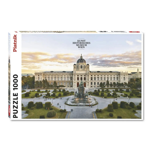 Puzzle Piatnik: Bécsi Szépművészeti Múzeum, 1000 darabos puzzle doboza, a bécsi múzeum impozáns épületével, gondozott parkkal és központi emlékművel a borítón.