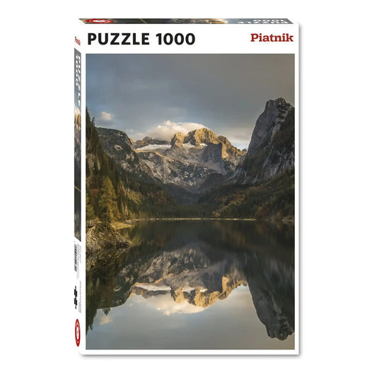Piatnik Dachstein Landscape 1000 darabos puzzle dobozképe, amely az osztrák Alpok festői Dachstein-hegységét és egy hegyi tavat ábrázol.