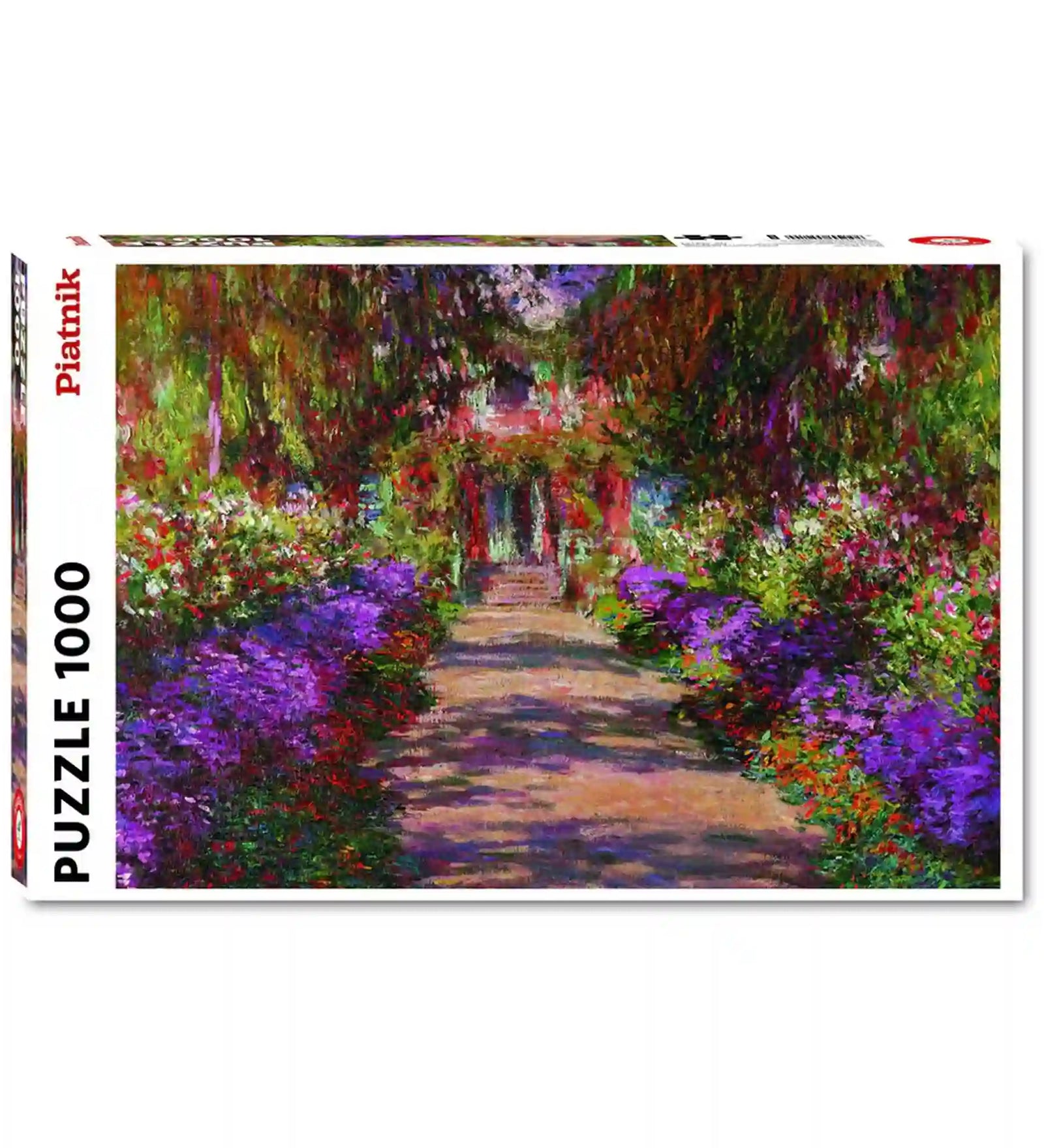 Piatnik Garden at Giverny - Claude Monet 1000 darabos puzzle,dobozkép, színpompás impresszionista kerti ösvénnyel, lila virágágyásokkal és buja növényzettel Monet híres stílusában.